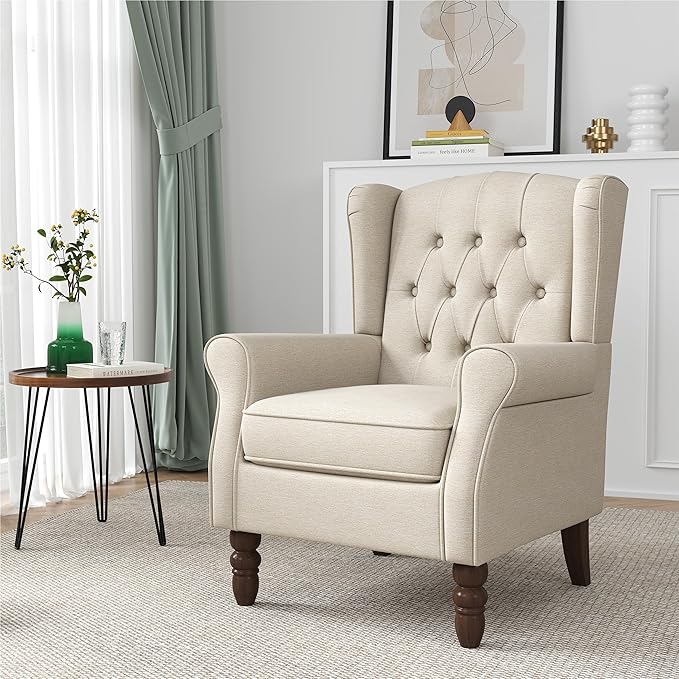 High Back Accent Chairs Set of 2 High Wingback Chair for Living Room Button-Tufted Upholstered Fabric Armchair with Solid Wood Legs Comfy Single Sofa Reading Chair for Bedroom Beige