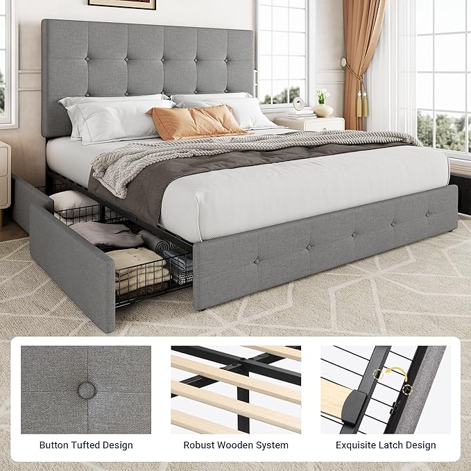 Allewie Upholstered Full Size Platform Bed Frame with 4 Storage Drawers and Headboard Square Stitched Button Tufted Mattress Foundation with Wooden Slats Support No Box Spring Needed Light Grey