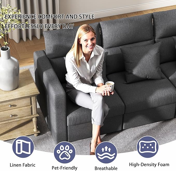 L Shaped Sectional Couch: Grey Modular Sectional Sofa with Ottoman Modern Linen Seater Couch Comfy Cloud Couches for Living Room and Apartment (82-3 Seat &amp Ottoman)