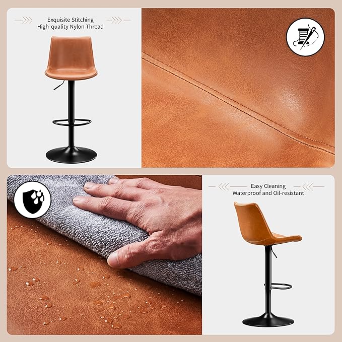 Vintage Bar Stool Height Adjustable Crazy Horse Leather Bar Chair X-Large Base and Seat Bar Stools Ergonomic Bistro Stool with Footrest for Kitchen Dining Bistro Pubx Set of 2 Whisky Brown