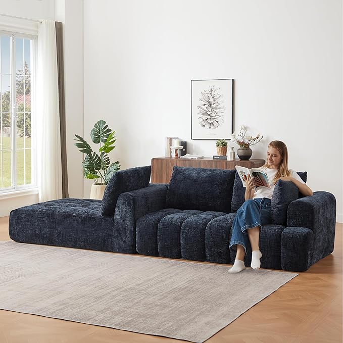 108 L-Shaped Sectional Sofa Compressed Boneless Cloud Couch with Left Chaise &amp Pillows Chenille Upholstered 4-Seater Modular Sofa for Living Room No Assembly Navy Blue