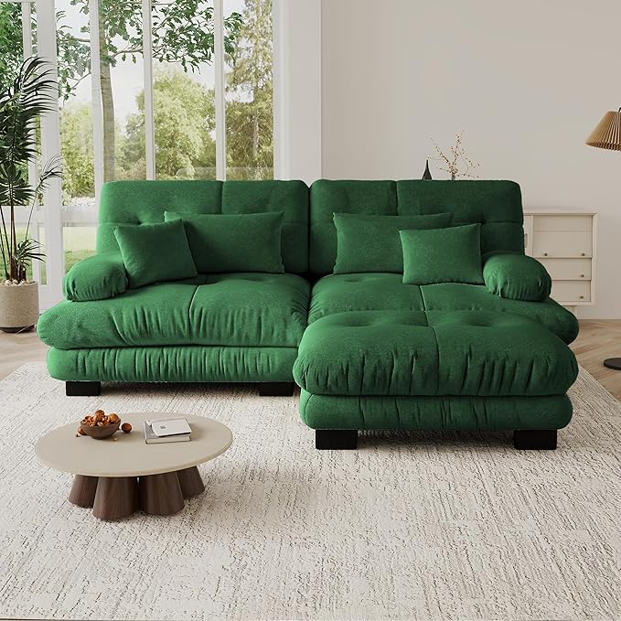 94.4 Convertible Modular Sectional Sofa Modern L-Shaped Couch with Ottoman Comfy 2 Seater Cloud Loveseat Sofa with Deep Seat Upholstered Chenille Couches for Small Space Living Room Green