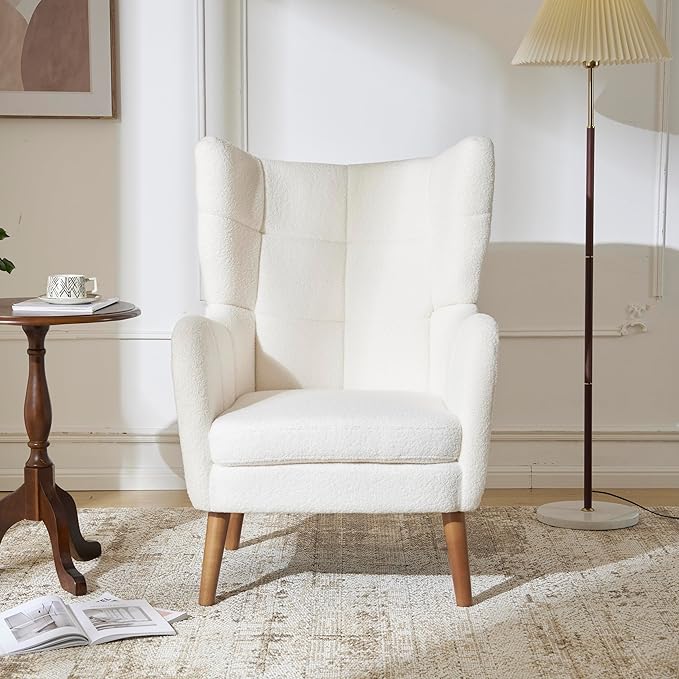 GDFStudio Upholstered Accent Chair Mid-CenturyModern Retro Club Chair with Birch Frame Teddy Wool FabricSingle Sofa Armchair for Living Room Bedroom Reading Corner Balcony OfficeIvory White 41 H