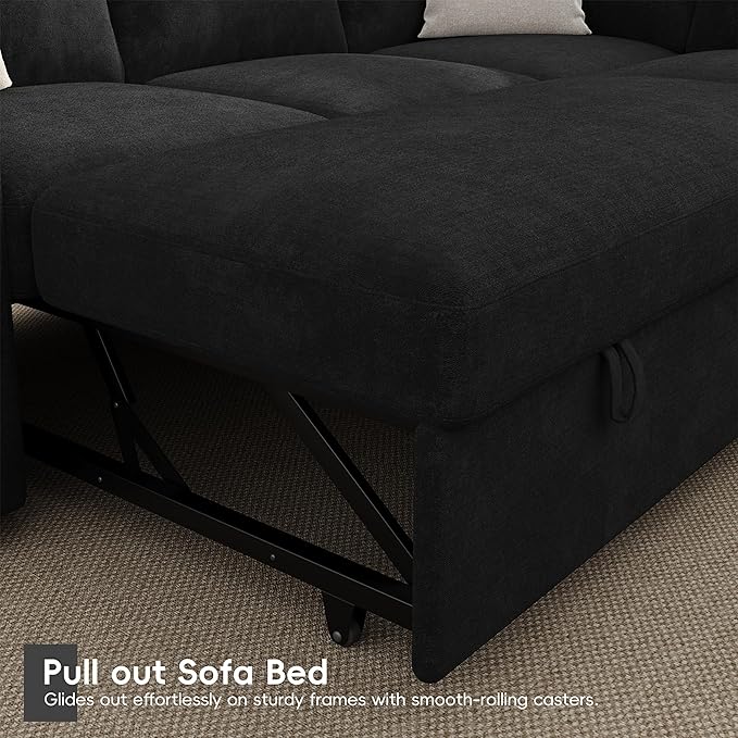86 Sectional Sleeper Sofa Bed Sleeper Couch with Pull out Bed L Shaped Couch with Storage Modular Sectional Sofa Sectional Couches for Living Room&ampApartment Convertible Sofas Black Couches