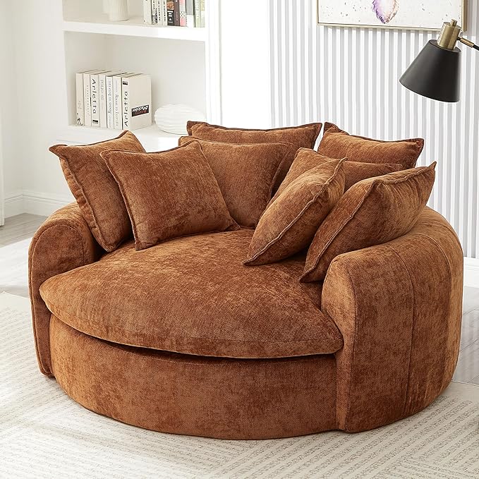 JUSTONE Oversized Round Chaise Lounge Chair 59.8-inch Modern Upholstered Chenille Cloud Chair Deep Seat Circle Floor Sofa for Living Room Bedroom Apartment Orange