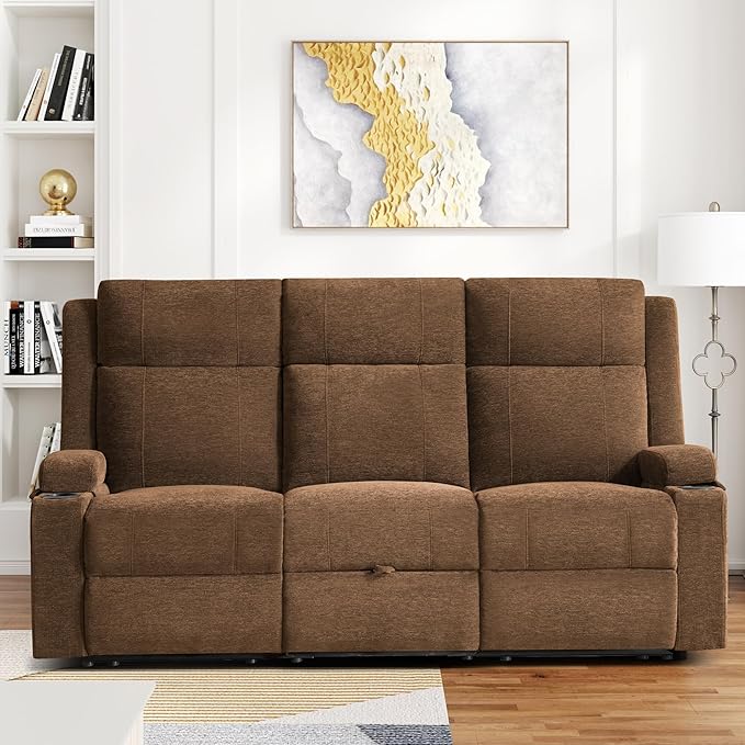 75'' Manual Reclining Sofa with Storage Drawer 3 Seat Wall Hugger Recliner Couch with Cup Holders Side Pockets Chenille Fabric Compact 3-Person Recliner for RV Living Room Apartment (Brown)