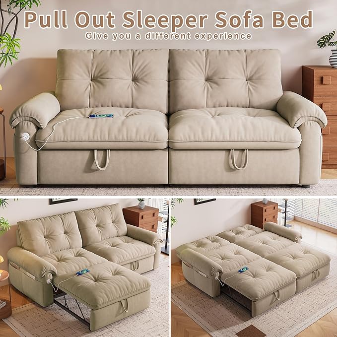 77 Queen Size Sofa Bed 2-in-1 Convertible Sleeper Sofa Bed with Adjustable Backrest Modern Velvet Couch with Side Pocket and USB Ports for Living Rooms Bedrooms Small Spaces (Brown 77.2inch)