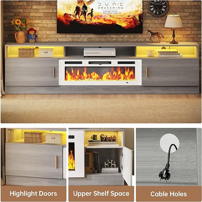 MXV 78 Fireplace TV Stand with Power Outlet for TVs UP to 90 Electric Fireplace Entertainment Center with LED Lights &amp Storage Cabinets TV Console for Living Room Office Grey-White
