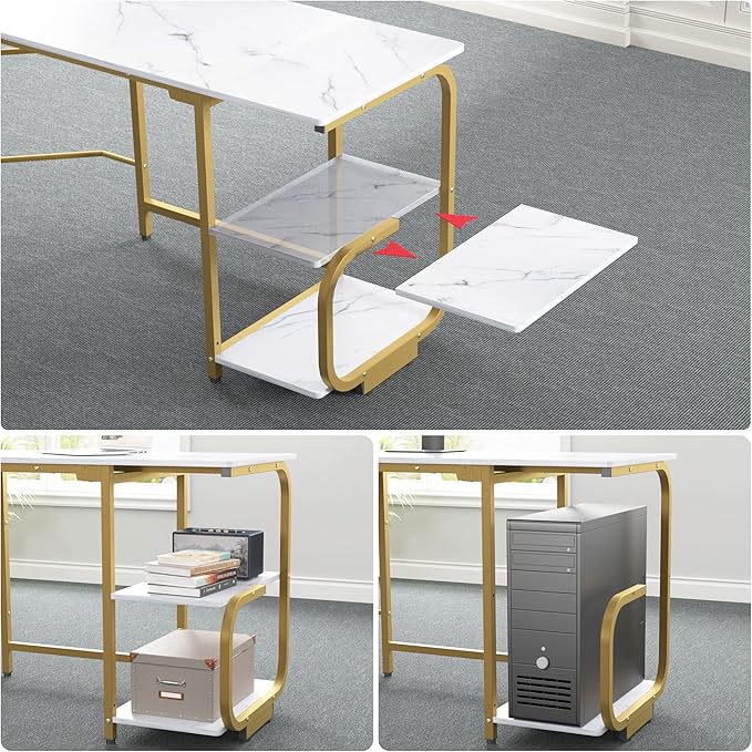 L Shaped Computer Desk with G Shaped Shelves for Home Office Corner Computer Desk for Small Space White Marble and Gold Frame