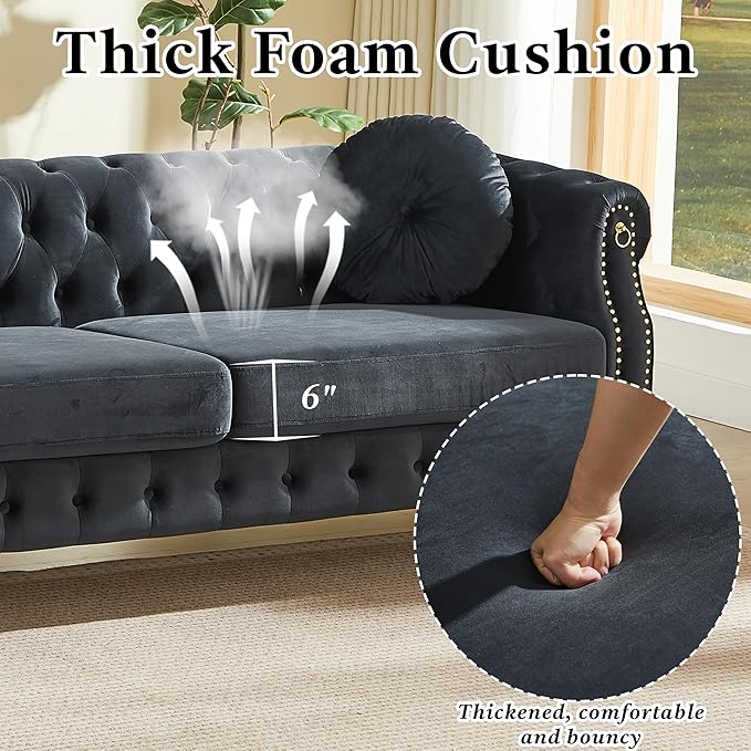 2 Pieces Black Velvet Chesterfield 82 3-Seater Sofa Sets with Two Pillows Featuring Copper Stud Detailing with Metal Legs Loop Design Allows for Hanging Cartoon Ornaments.