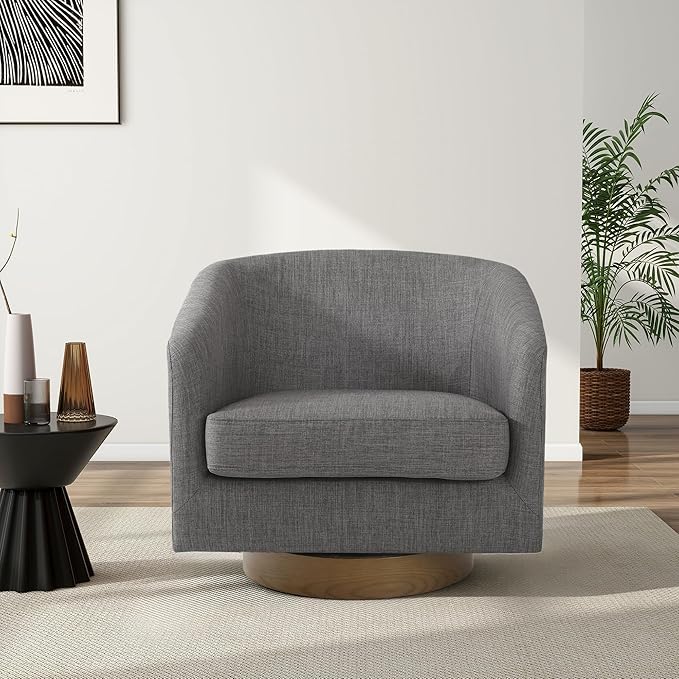 Swivel Barrel Chair Modern Round PU Leather Accent Armchair for Living Room Bedroom Oversized Comfy Club Reading Chairs for Adults (Fabric Grey Set of 1)