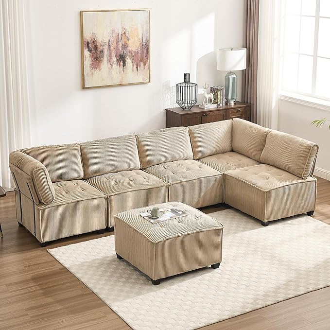 121 U Shaped Modular Sectional Sofa Couch 6 Seat Convertible Upholstered Deep Seat Sleeper Sofa with Chaise Lounge Cloud Couch for Living Room Khaki