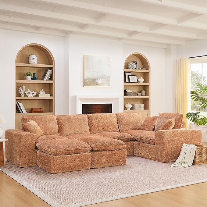L-Shaped Boneless Modular Sectional Cloud Couches 7 Seat Modular Boucle Floor Foam Boneless Sofa Couch with Ottomans Headrest Pillows and Removable Cushions