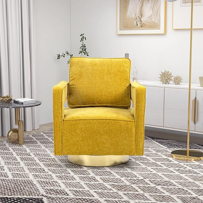 30.7 W Swivel Accent Open Back Chair Modern Comfy Sofa Chair with Gold Stainless Steel Base for Nursery Bedroom Living Room Hotel Office Club Chair Leisure Arm Chair for Lounge (Mustard Chenille)