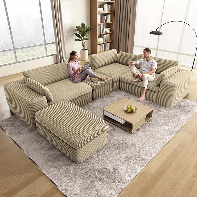 185'' Oversized Sectional Couches for Living Room Boneless Modular Sectional Sofa Plush Corduroy Cloud Couch with Ottoman U Shaped Sofa Bed No Assembly(Beige)