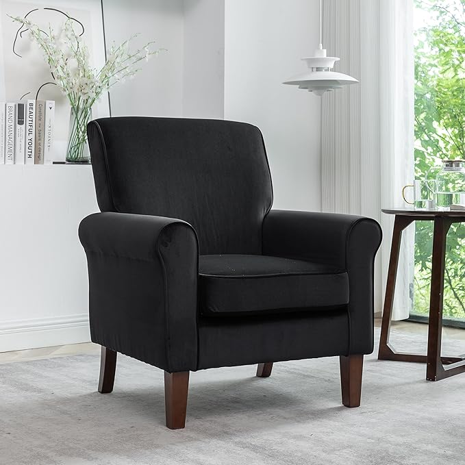 Classic Accent Armchair with Birch Wood Frame and Comfortable Rolled Armrests Arm Chairs for Living Room Bedroom and Office Decor Black