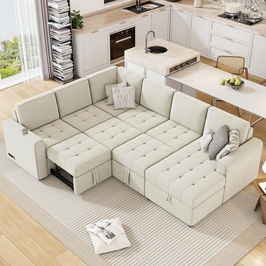 Modern 107.5 U-Shaped Sectional Sofa Convenient Pull-Out Sofa Bed with a Storage Chaise Lounge Corduroy 5 Seat Couch with Charging Devices for Living Room Apartment (Beige-8.18)