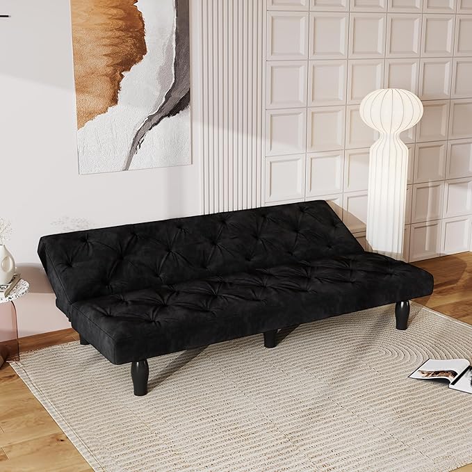 Modern Convertible Futon Sofa Bed Adjustable Loveseat Futon Couch with Metal Legs Upholstered Sofa Bed with Wood Frame Sleeper Couches for Small Compact RV Living RoomOffice (Black-Velvet)