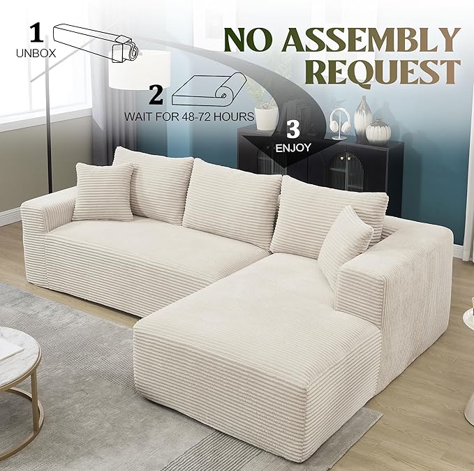 Sectional Sofa Couch Boneless Couches for Living Room Cloud Sofa with Oversized Chaise Corduroy Fabric L-Shaped Couch with Pillows No Assembly Required Right Facing Chaise Beige