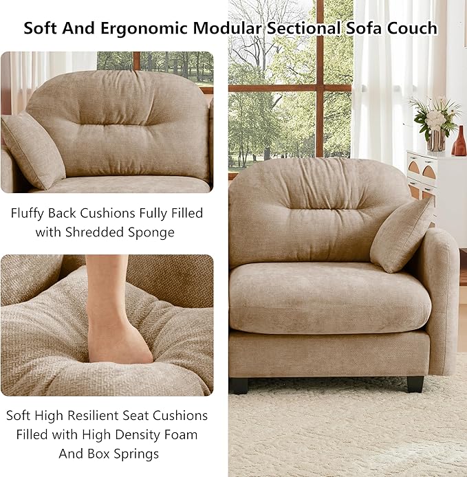 mikibama 74 Chenille Loveseat with OttomanModern Modular Sectional L-Shaped 2 Seater Cloud Sofa with Deep SeatL Shape Couch with Chaise Lounge Curved Arms for Living RoomSmall Spaces(Camel2S+1O)