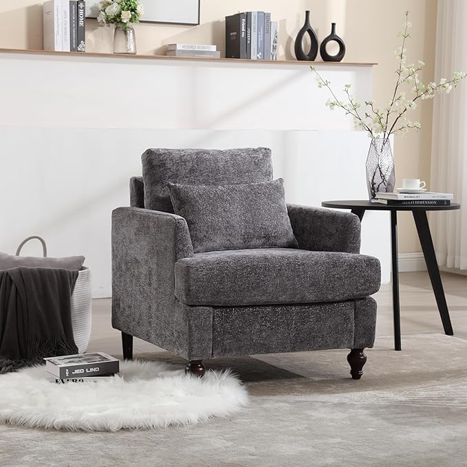 Modern Accent Chair 29'' W Comfy Chenille Tufted Lounge Armchair for Living Room Upholstered Mid Century Reading Nook Chairs Single Sofa Chair Solid Wood Frame (Grey)
