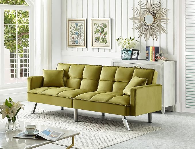 Legend Vansen 80'' Velvet Love seat Convertible Futon Two Pillows Sleeper Couch with 3 Adjustable Backrests Sofa Bed Large Sleeping Area Sofabed Green