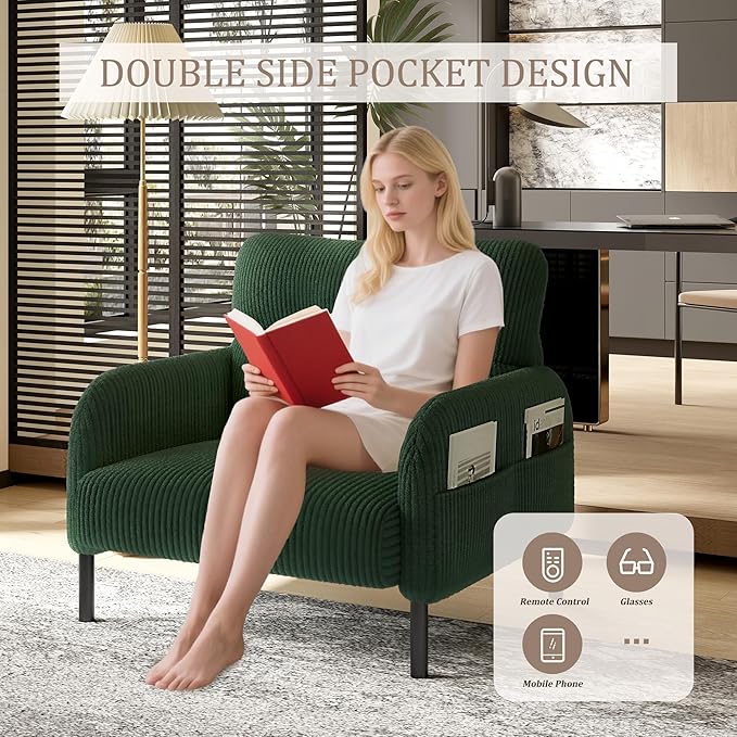 Emerald Accent Chair - Corduroy Living Room Chairs with Side Storage Pockets and Durable Legs Comfy Arm Reading Chair with Soft Backrest for Bedroom Balcony Study Room