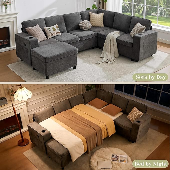 107 Inch Sectional Sleeper Sofa with Pull Out Bed 7 Seat U Shaped Modular Sectional Sofa with Storage Ottoman USB Port &amp 6 Pillows Sectional Couches for Living Room &amp Apartment Modular Cou