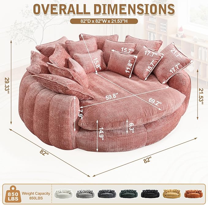 81 Oversized Bean Bag Chair Boneless Round Chaise Lounge Comfy Chenille Reading Chair Fluffy Plush Sofa Bed Large Deep Seat Circle Cloud Couch for Living Room/Apartment/Bedroom Pink