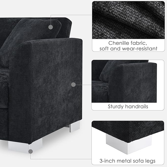 96 * 56 Modern Cloud Sectional Sofa L-Shaped Luxury Couch Set with 2 Free Pillows4-seat Chenille Indoor Furniture with Oversized Chaise for Living Room Apartment Office