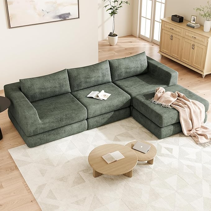 Cloud Boneless Modular Sectional Sofa 95.5 Modern Chenille Couch for Living Room Convertible L-Shaped Sleeper Sofa Bed with Ottoman Deep Seat Cloud Couch Sectional No Assembly Required Green