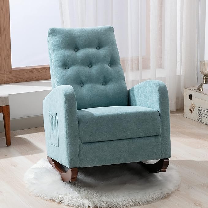 Cozy Linen Reclining Rocking Chair with Side Storage Pocket Comfortable Button Tufted Rocker Elegant and Functional Rocking Recliner Chair Ideal for Living Room &amp Nursery Mint Green