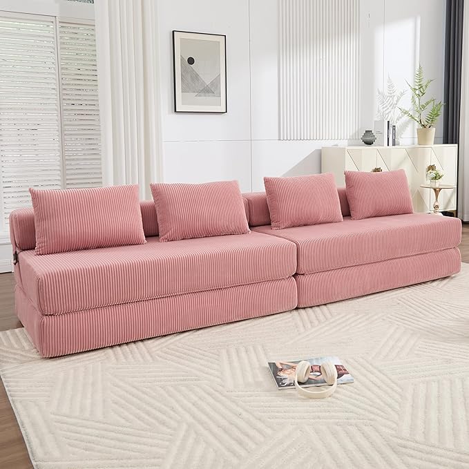 GNIXUU Fold Out Couch 3-in-1 Convertible Futon Sofa Bed with 2 Pillows Corduroy Foldable Floor Chair Boneless Loveseat Couches for Living Room Bedroom Small Spaces Pink