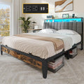 YITAHOME Full Size Beds with Charging Station 2-Tier Storage Headboard with RGB LED Lights Linen Upholstered Platform Beds Strong Wooden Slats No Box Spring Needed Noise Free Rustic Brown