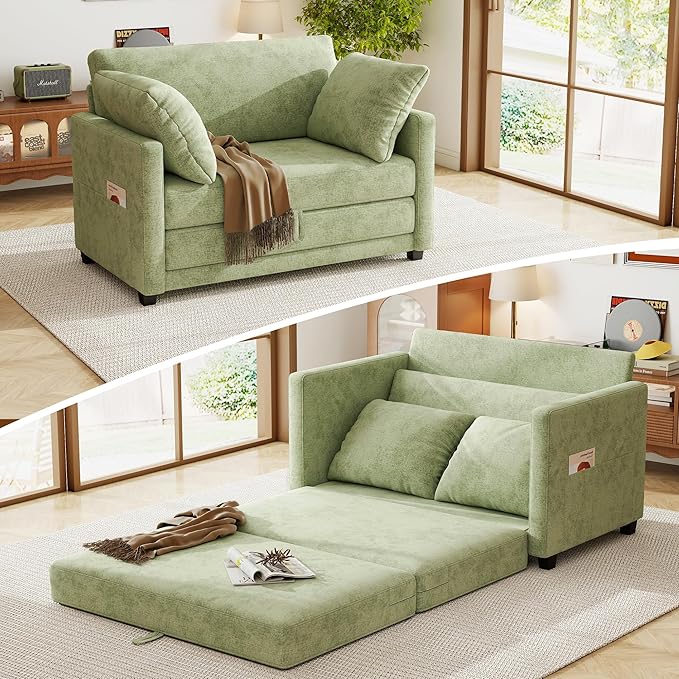 51 Loveseat Sleeper Sofa Bed Chenille Convertible Floor Sofa Bed for Small Spaces Folding Couch Bed with Deep Seat 2 Pillows &amp Solid Frame Pull Out Couch for Living Room Light Green