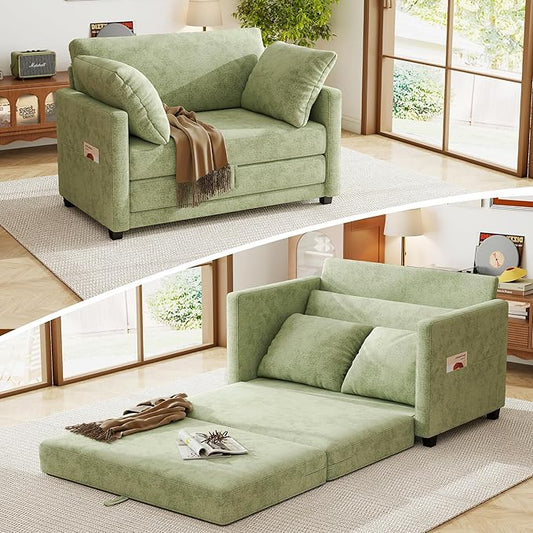 51 Loveseat Sleeper Sofa Bed Chenille Convertible Floor Sofa Bed for Small Spaces Folding Couch Bed with Deep Seat 2 Pillows &amp Solid Frame Pull Out Couch for Living Room Light Green