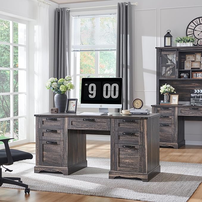 RedLemon 60 Farmhouse Executive Desk Home Office Desk with Drawers Charging Station Keyboard Tray File Drawer Storage Cabinet Wood Rustic Computer Writing Desk (Dark Rustic Oak)