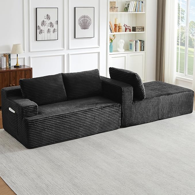 Modern Corduroy Modular Sectional Sofa96.1 Minimalist Style L-Shaped 3 Seat Couch with Side Storage PocketsComfortable Chaise Lounge for Living RoomReception AreaBlack Right Chaise Lounge