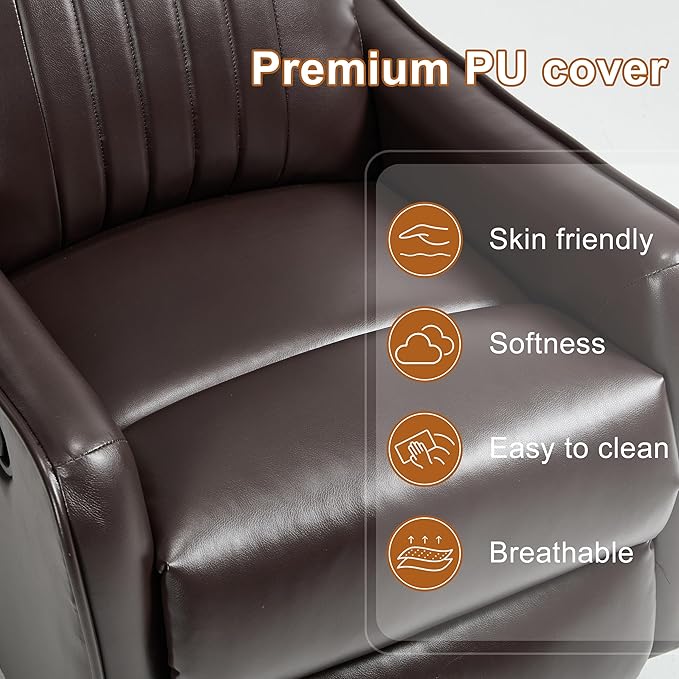 Manual Swivel Rocker Recliner Chair for Adults Overstuffed Recliner Glider with Massage and Heat Living Room Reclining Chair PU Leather Dark Brown