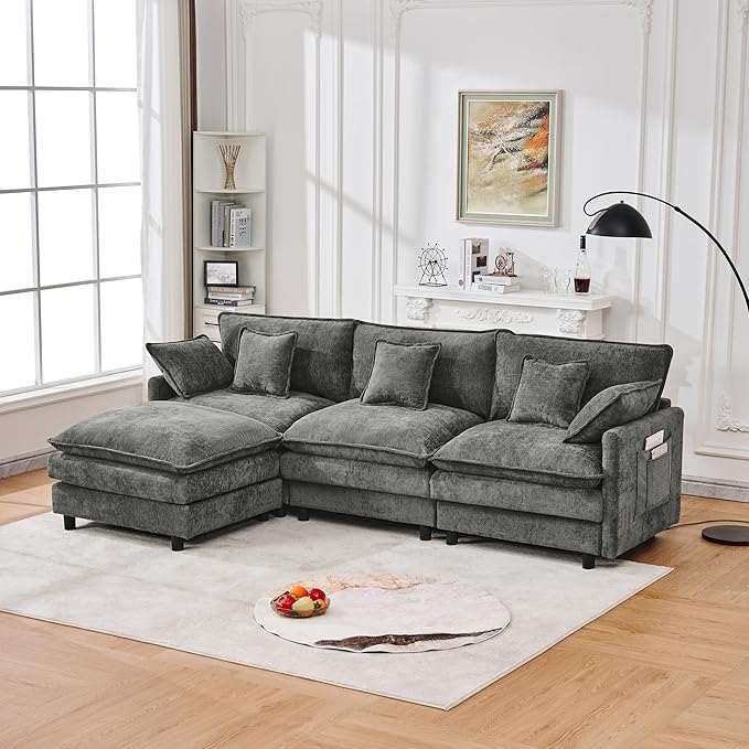 KEIKI 101.9 Modular Sectional Sofa with Movable Ottoman 3 Seat Modern Sofa Set L-Shape Sectional Couches for Living Room Apartment Gray