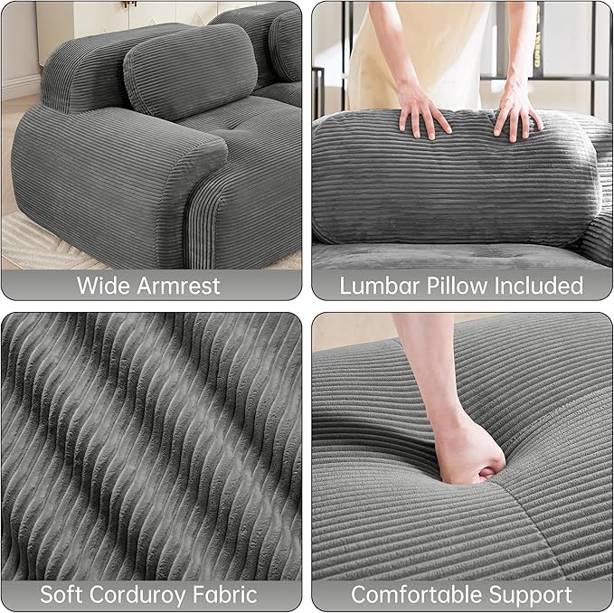 Cloud Sectional Couch Boneless U Shaped Couch 81.8'' Modular Sectional Sofa with Ottoman Modular Loveseat Sofa 2 Seater Corduroy Deep Seat Couches for Living Room No Assembly Couches Grey