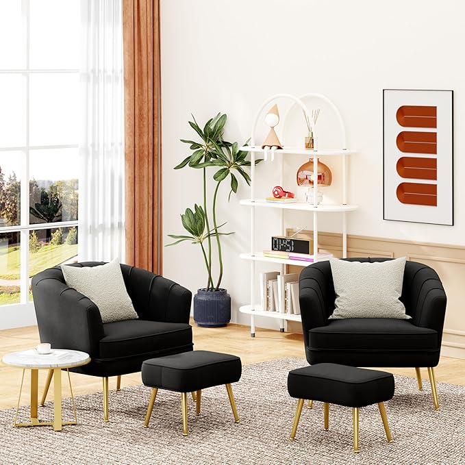 Velvet Accent Chairs with Ottoman for Living Room Bedroom Office Leisure Upholstered Single Sofa Chair Arm Chair Comfy Chair Reading Club Coffee Chair with Metal Legs Black
