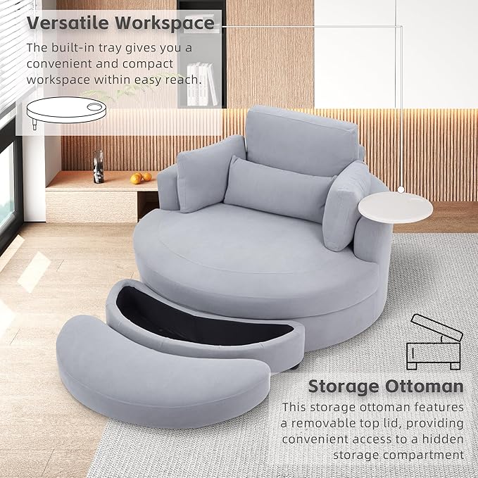 51'' Accent Swivel Barrel Chair with Storage OttomanModern Oversize Round Swivel Leisure Arm Chair with TrayPillowCorduroy Fabric for Living RoomHotelClub Lounge Grey