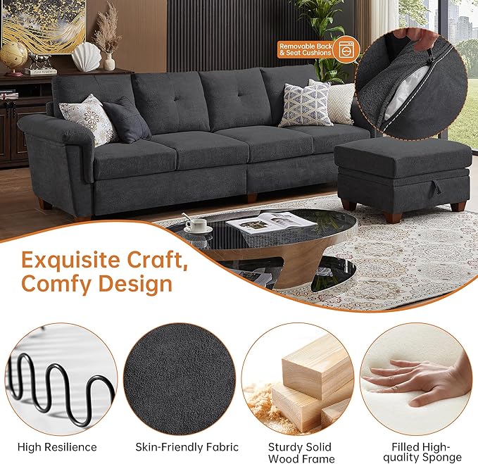 108 Sectional Sofa Convertible L Shaped Sofa with Ottoman and Large Storage 4 Seat Sectional Couch with Cup Holder Couches for Living Room Apartment Office (Dark Grey)