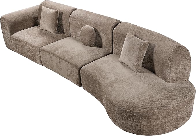 Christopher Knight Home Grelyn 140 Modular Sectional Sofa Couch Wool Fabric Boneless Cloud Couch Fully Compressed Home Sofa Living Room 3-Piece Lounge Sofa with Chaise Fully Assembled Brown