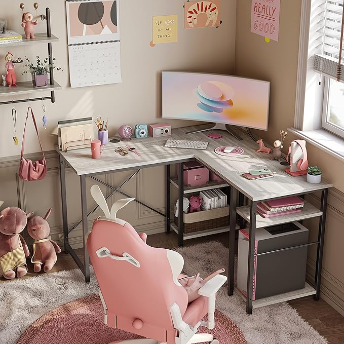 Bestier L Shaped Desk with Shelves 75 Inch Reversible Corner Computer Desk or 2 Person Long Table Writing Study Desk for Home Office Small Space Bedroom Apartment Wash White