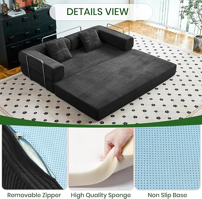 Compression Sofa - 62''Convertible Floor Sofa Bed - with Pillow Back Support Armrest - Comfy Foldable Sofa Bed Compressed Sofa in Box - Corduroy Fabric - for Living Room Bedroom (Black)