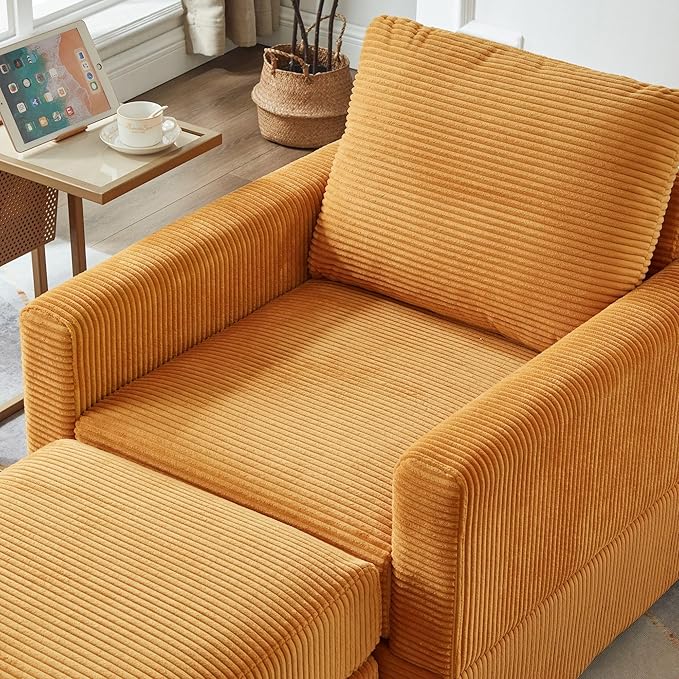 GDFStudio 32 Single Seat Sofa Couch Corduroy Comfy Deep Seat Sofa Sleeper Sofa Bed Chaise Couch Chair with Ottoman Removable Footrest Oversized Armchair for Living Room Orange