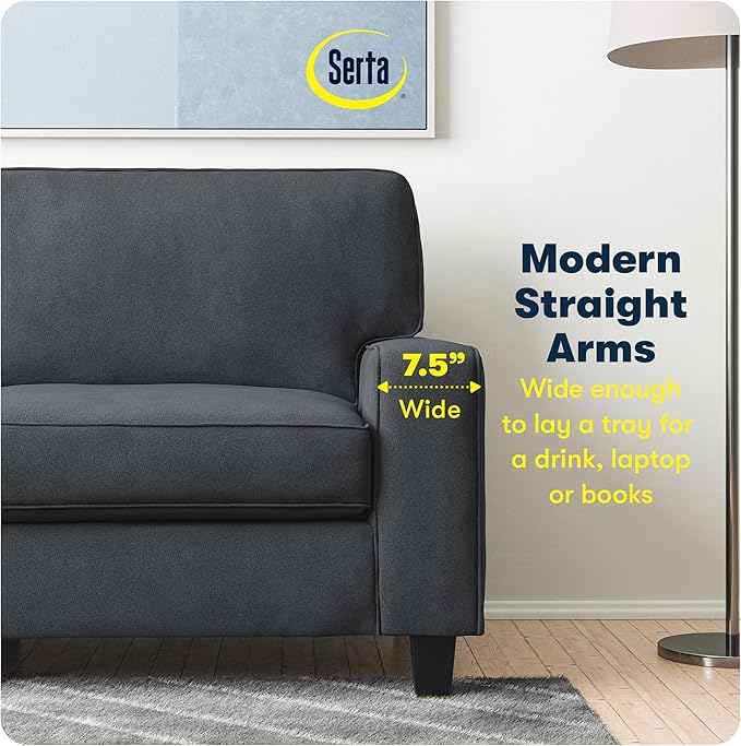 Serta Palisades 78 Track Arm Sofa Easy Care Polyester Soft Pillow Back Pocket Coil Seat Cushions Removable Covers Loveseat or Couch for Small Spaces Living Rooms or Bedrooms Charcoal