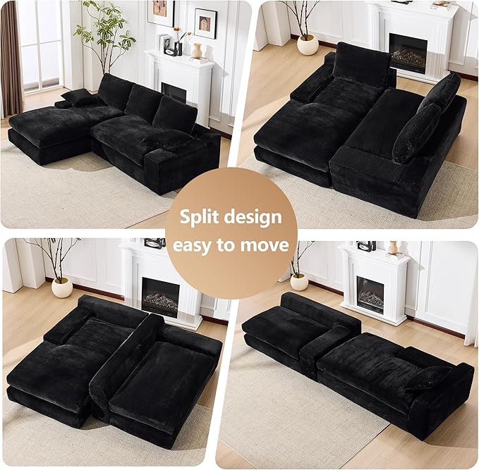 98.4 Black Sectional Sofa Cloud Modular Sectional Couch with ChaiseCorduroy Sectional Couches L-Shaped Modern Upholstered Sofa with Deep Seat for Living Room and BedroomNo Assembly Required(Black)